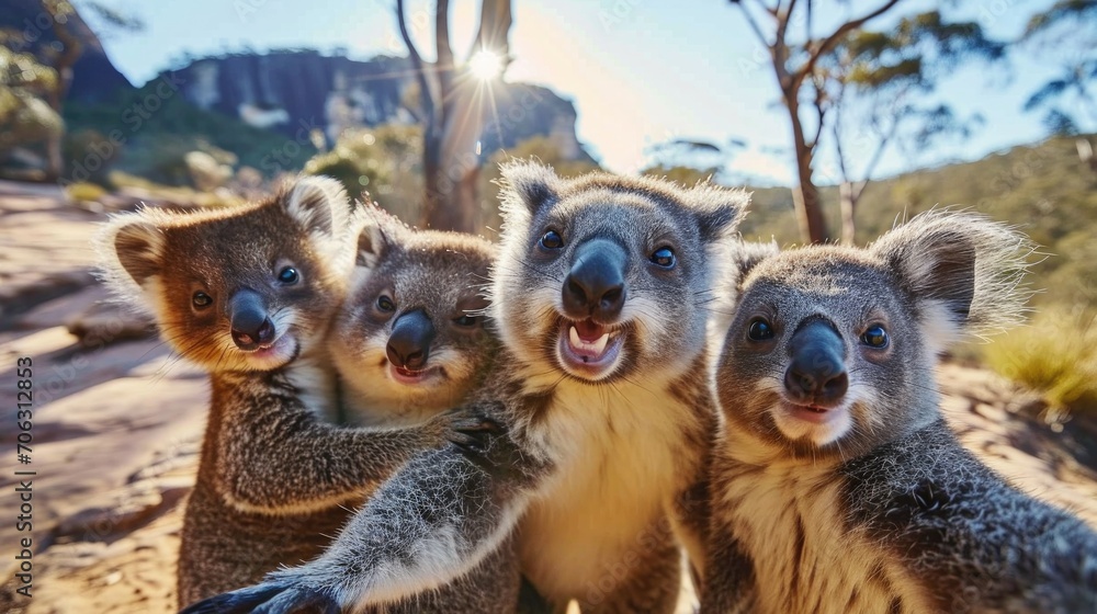 Group of koala in the Australian outback. Wildlife scene from Australia