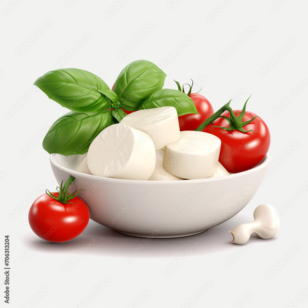 bowl of fresh tomato and mozzarella cheese with basil on a transparent background created with Generative Ai