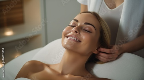 Close-up of a woman's radiant clear skin. An experienced cosmetologist massages the client's face with his hands after a cosmetic procedure in a beauty salon. Spa, beauty, skin care concepts.