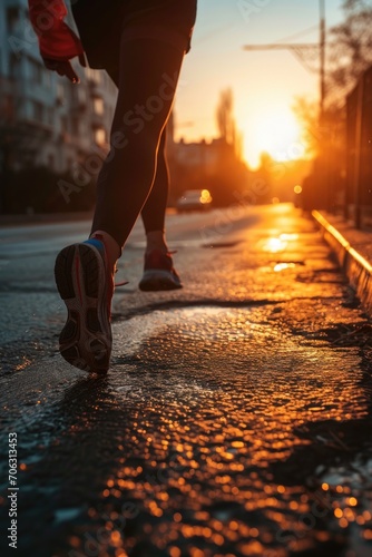 A person walking on a wet sidewalk during sunset. Suitable for various themes and concepts
