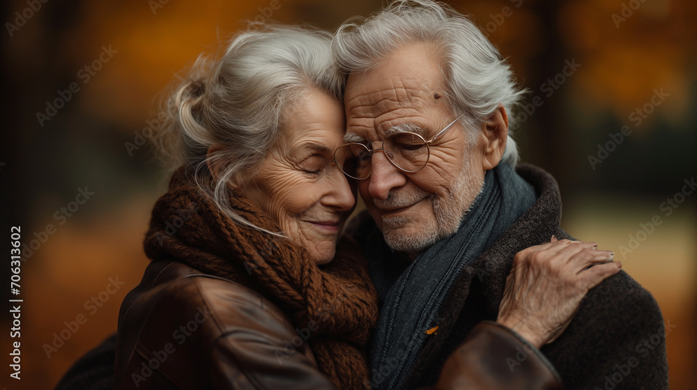 Happy senior couple with close eyes, white hair, dressed in warm clothes are hugging and smiling. Old age love concept. Selective focus. Generated with AI Happy senior couple with close eyes, white hair, dressed in warm clothes are hugging and smiling. Old age love concept. Selective focus. Generated with AI