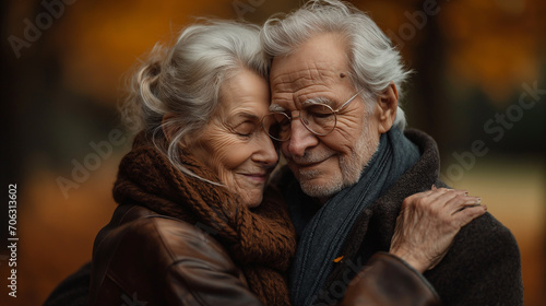 Happy senior couple with close eyes, white hair, dressed in warm clothes are hugging and smiling. Old age love concept. Selective focus. Generated with AI