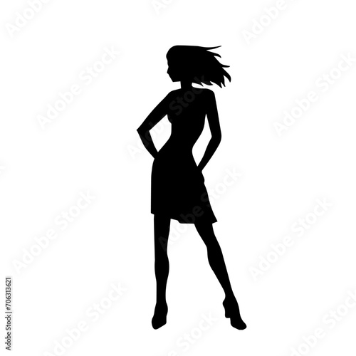 Silhouette of a young slim female model in tight outfit. Silhouette of a slim woman in feminine pose.
