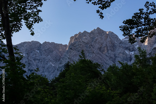 Silhouette of tree branches in mystical forest with scenic morning view of massive mountain massif in Julian Alps, Tarvisio, Friuli Venezia Giulia, Italy, Europe. Majestic landscape after sunrise photo