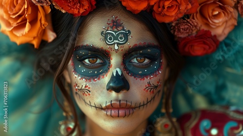 Vibrant Day of the Dead Face Paint - Traditional Catrina Portrait photo