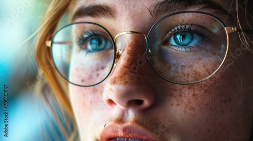 Woman wearing glasses in a close-up shot. Suitable for business, education, or healthcare themes
