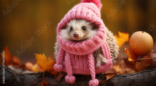 a hedgehog in a pink sweater and a pink hat sits on a branch with an egg in the background, generative ai