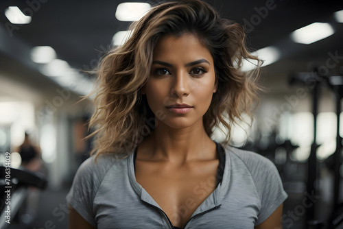 Una mujer en el gimnasio con ropa deportiva gris. El fondo está desenfocado y se ven máquinas y pesas. Imagen de fitness, salud y estilo de vida activo