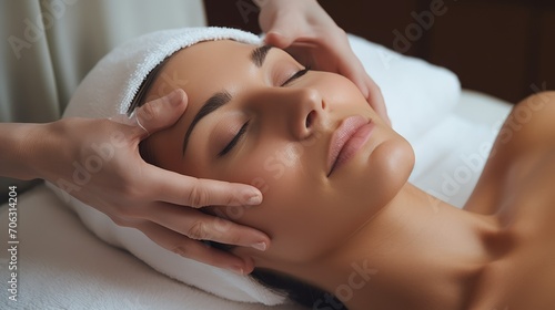 Close-up of a woman s radiant clear skin. An experienced cosmetologist massages the client s face with his hands after a cosmetic procedure in a beauty salon. Spa  beauty  skin care concepts.