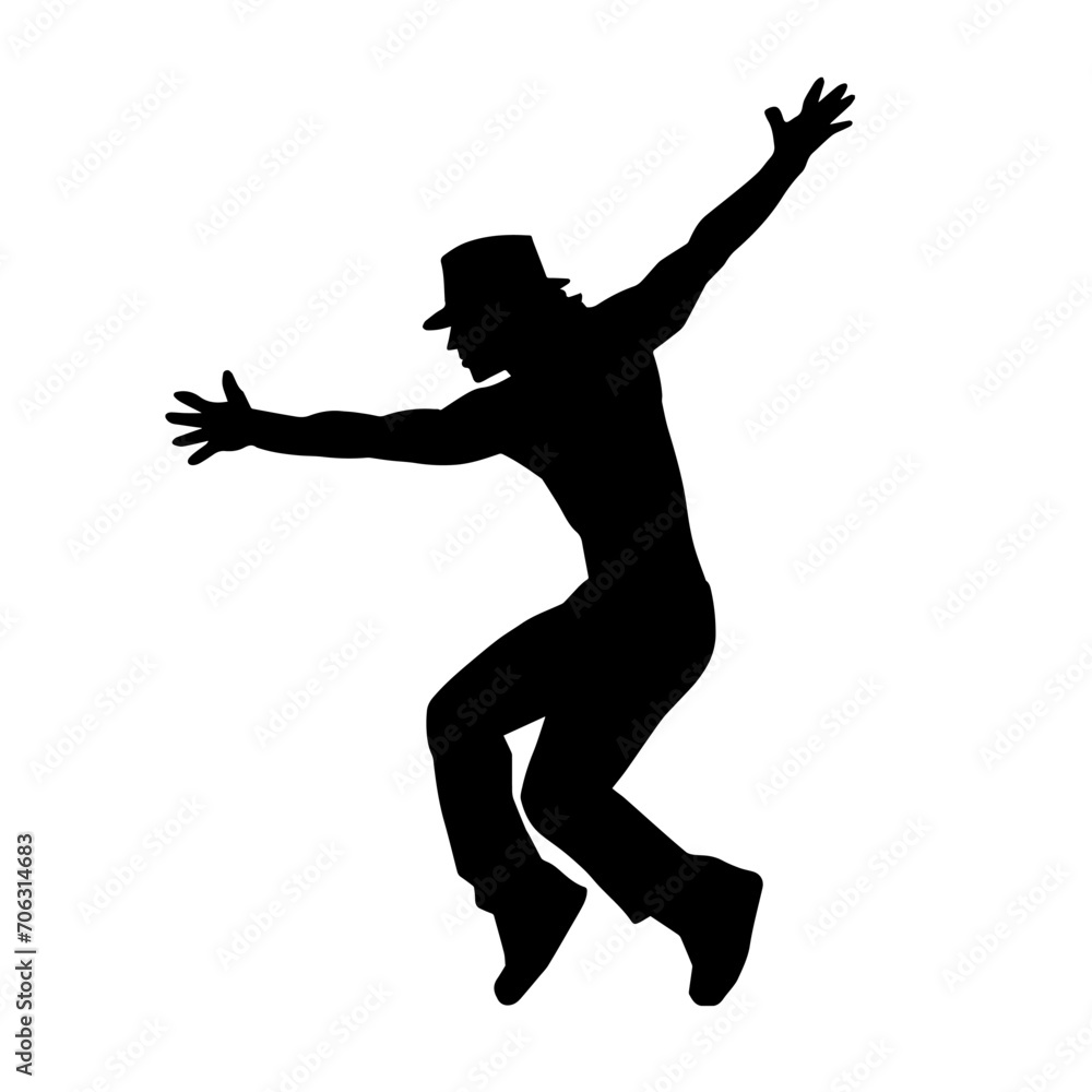 Silhouette of a slim male in dance pose. Silhouette of a man dancing. Silhouette of a slim male in dance pose. Silhouette of a man dancing.