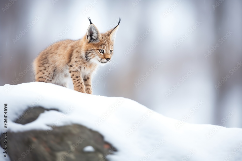 lynx perched on snow-covered rock