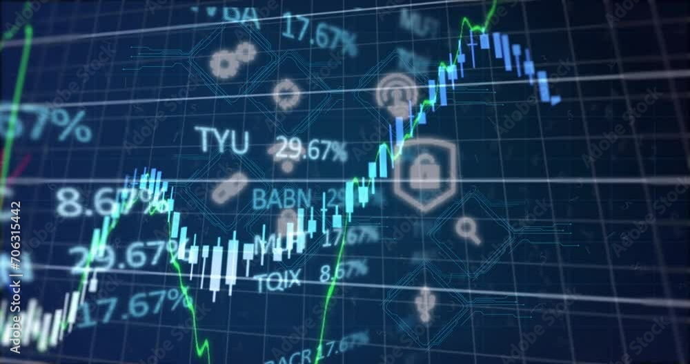 Animation of digital icons and financial data processing Animation of digital icons and financial data processing