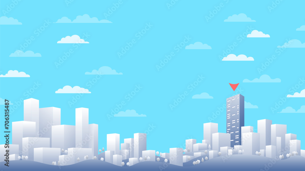Office space, building for rent or sale. Options concept for leasing or selling commercial properties. Abstract horizontal background cityscape. Editable vector flat illustration with copy space.