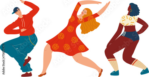 Three diverse dancers enjoying a dance party. Joyful young adults show different dance styles. Dancing together and expressing happiness vector illustration.