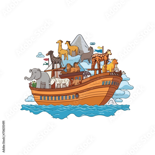 noah arc full of animal flood water illustration