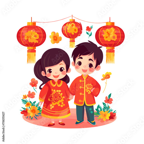 Smiling preteen boy greeting grandparents with bow when family visiting them for chinese new year