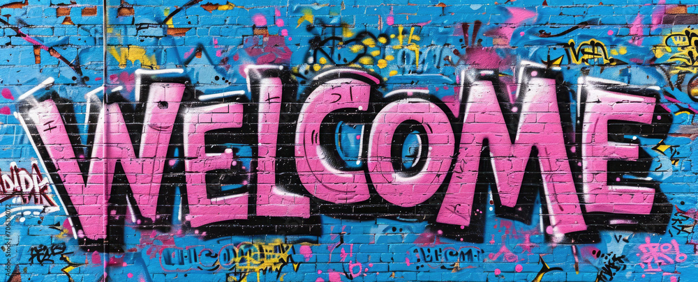 Generative AI, Colorful word Welcome as graffiti  symbol on the wall, street art. Melted paint.	
 - obrazy, fototapety, plakaty 