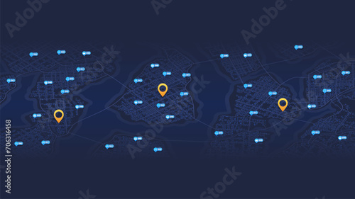Urban infrastructure rental service: skateboard, kick scooter, bicycle, electric car. App for search, rent eco transport. Map location mark. App for search, rent transport. vector illustration