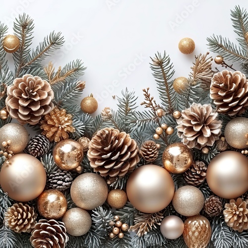 Christmas Composition Balls Pine Cones  White Background  Illustrations Images