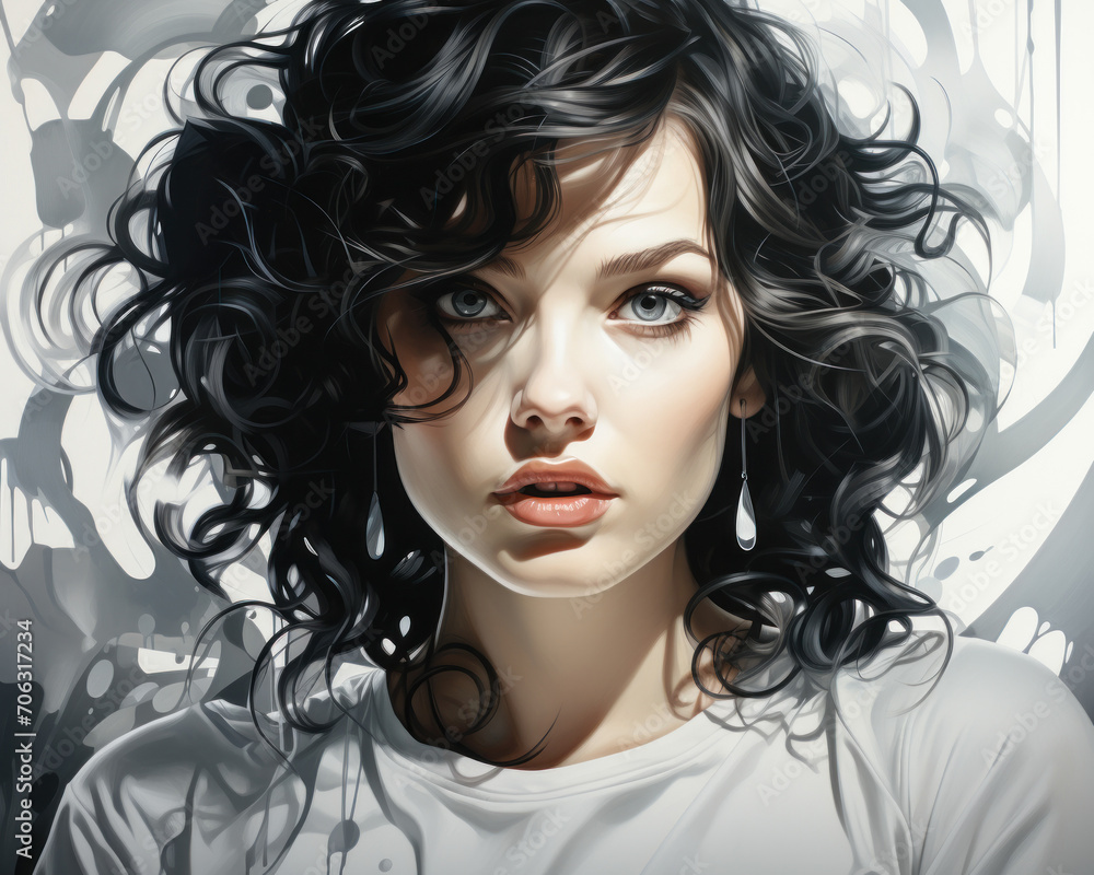 Fototapeta premium Monochrome portrait of a young woman with voluminous curly hair and big expressive eyes in a stylized, illustrative, black and white rendering