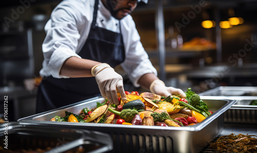 Chef in a commercial kitchen practicing sustainability by sorting biodegradable organic waste for composting, highlighting food industry's commitment to eco-friendly trash management