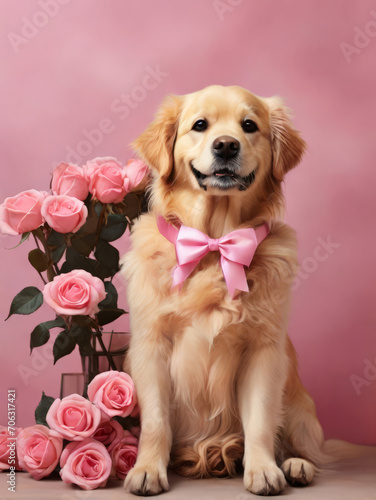 golden retriever smiling pose wearing pink bow, with pink roses and pink wall background