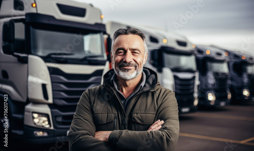Confident Senior Truck Fleet Owner Standing Proudly in Front of His Trucks, Representing Successful Logistic and Transport Business photo