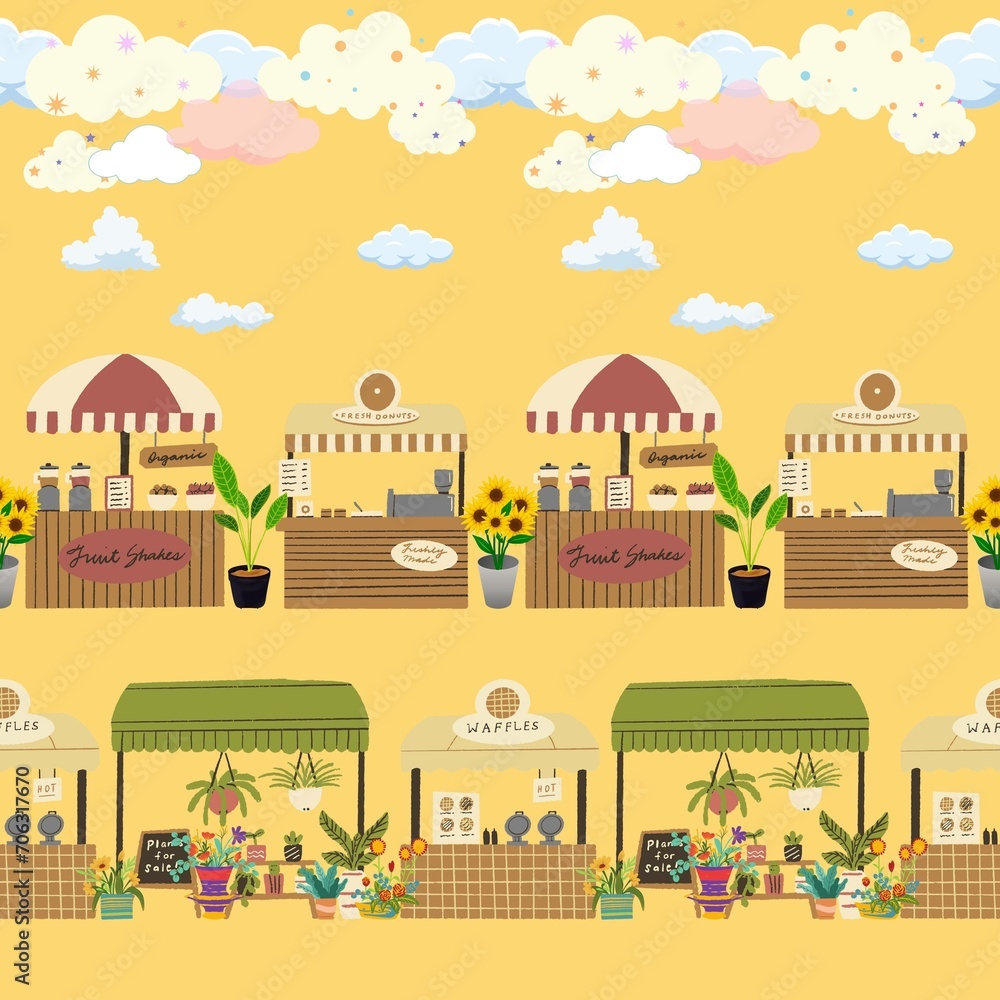 Seamless illustration of a coffee market, bakery amidst clouds and a clear sky. Seamless illustration of a coffee market, bakery amidst clouds and a clear sky.