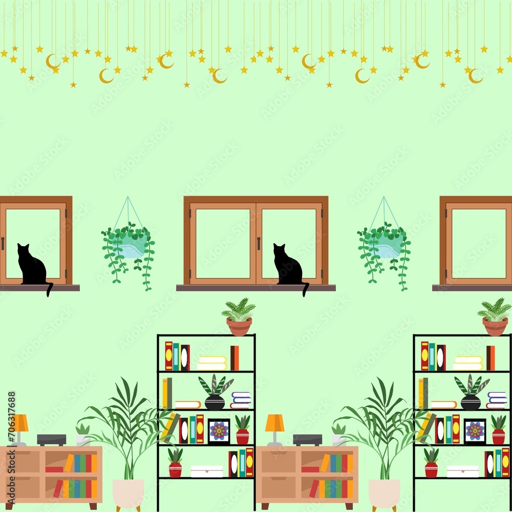 Seamless pattern: book room, window, black cat. Seamless pattern: book room, window, black cat.