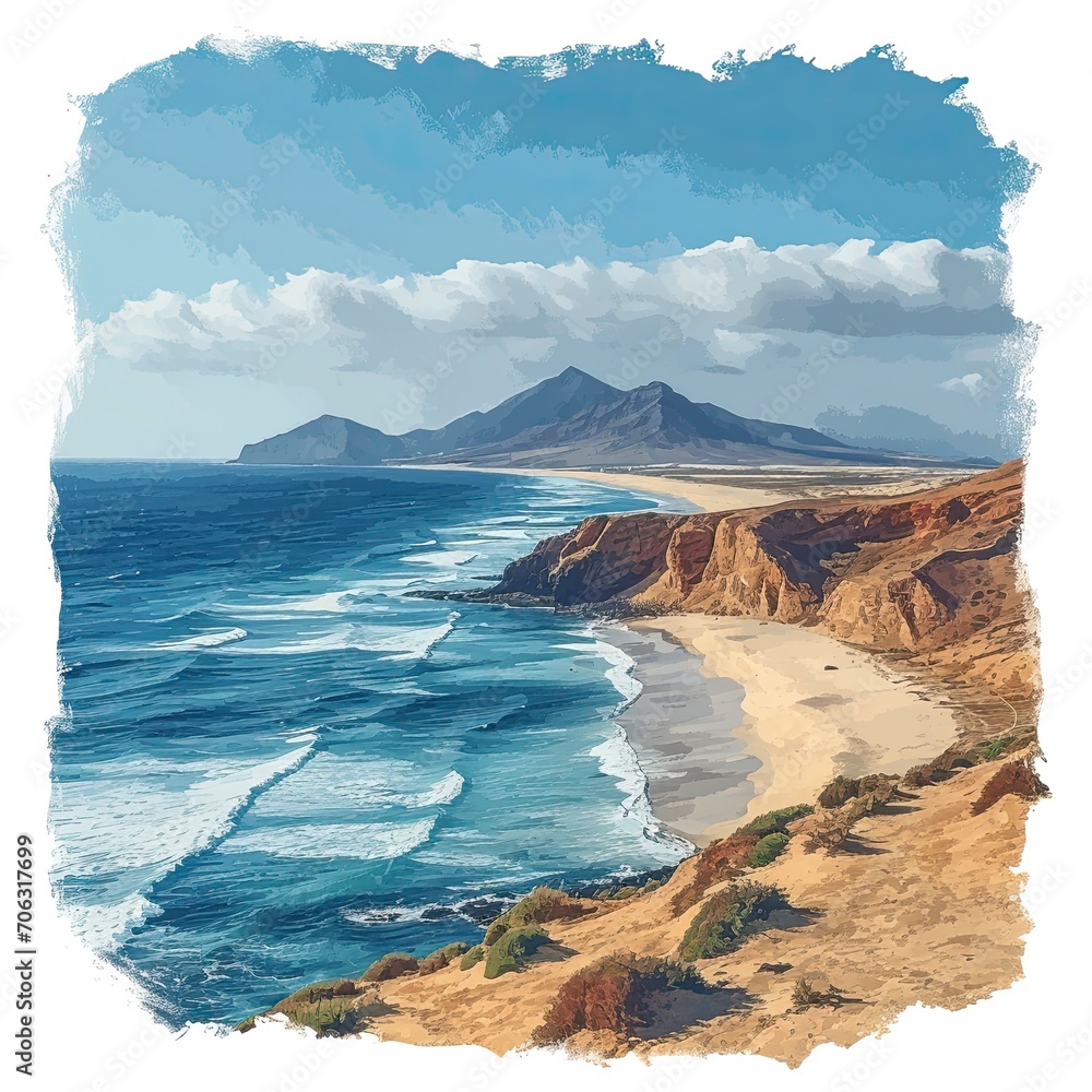 Coastal Landscape On Fuerteventura Very Windy, White Background, Illustrations Images