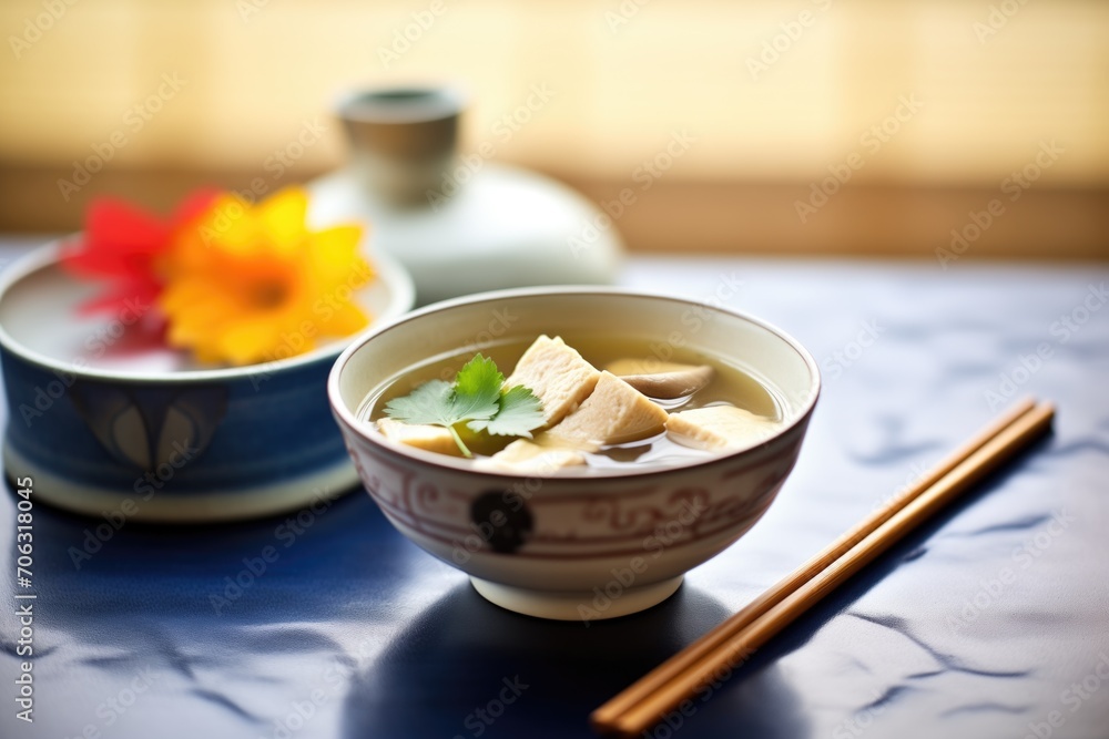 miso soup with mushrooms and tofu blocks, soft focus miso soup with mushrooms and tofu blocks, soft focus