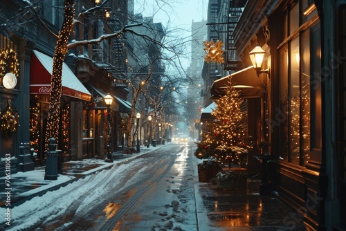 A snowy city street lined with tall buildings. Perfect for winter-themed projects or urban landscapes