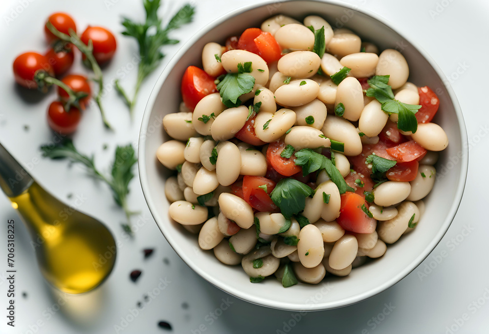 A bowl of delicious Mediterranean White Bean Salad of top view.