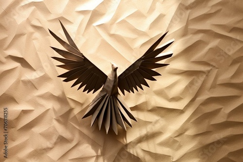 A metaphor for success and growth as an origami paper bird casting a shadow of powerful wings. Generative AI
