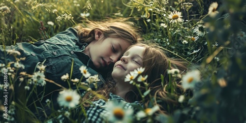 A picture of a couple of kids laying in a field of colorful flowers. Perfect for capturing the innocence and joy of childhood.