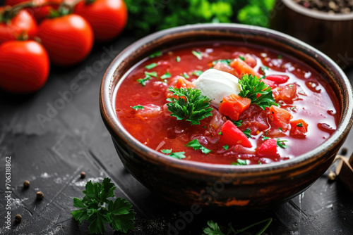 A bowl of borscht, a traditional Russian soup filled with beets, vegetables and hearty ingredients