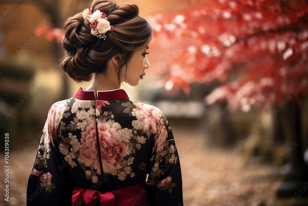 Generative AI picture of stunning chinese lady wear kimono walking on beautiful landscape Generative AI picture of stunning chinese lady wear kimono walking on beautiful landscape