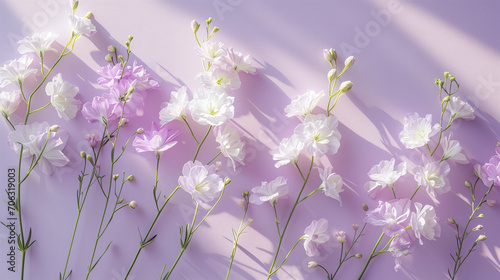Delicate white and light purple flowers on a pastel purple background, with soft shadows. Graceful beauty, with a calming and serene atmosphere. Pastel serenity: white and purple blossoms.