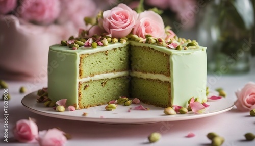  An elegant pistachio cake infused with rosewater, adorned with pale pink rose petals and chopped