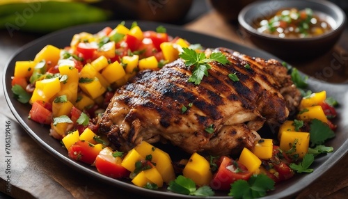 Grilled Jamaican jerk chicken, its skin rubbed with a fiery jerk spice blend, served with a side