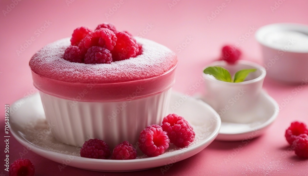 A light and airy raspberry soufflé, rising perfectly above the ramekin. The vibrant red A light and airy raspberry soufflé, rising perfectly above the ramekin. The vibrant red