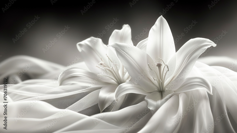 Elegant and gentle white lilies on a soft, silky velvety texture fabric with gentle folds. Gentle spring background.
