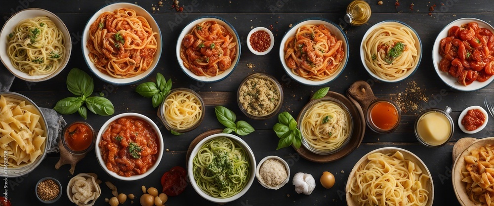 A panoramic shot featuring a selection of Italian pasta dishes, from a rich, creamy fettuccine