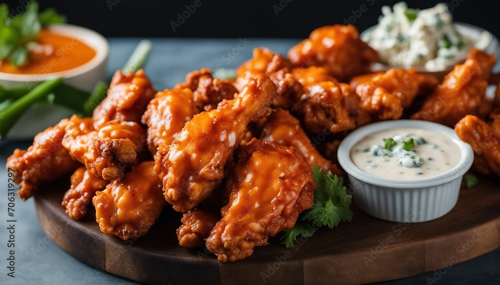 A platter of spicy buffalo wings, served with celery sticks and blue cheese dressing