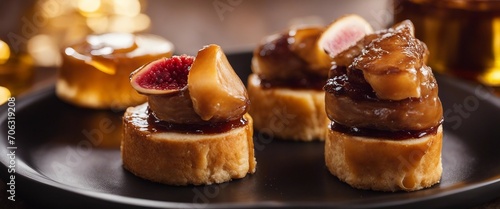 A luxurious foie gras, pan-seared to perfection, served on toasted brioche with a dollop of sweet photo