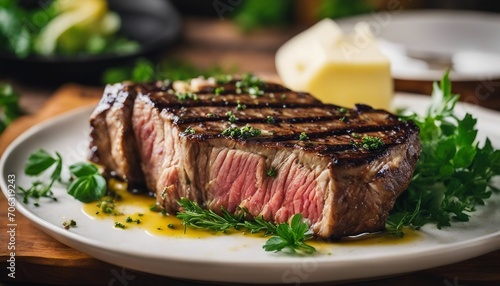 A magnificent grilled T-bone steak, topped with a melting dollop of herb-infused butter
