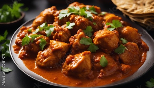 A plate of Chicken Vindaloo, a spicy Indian dish with tender chicken pieces cooked in a tangy