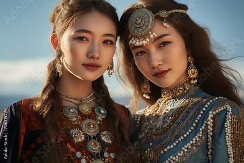 Portrait made with generative AI of charming mongolian two girls in traditional dress photo