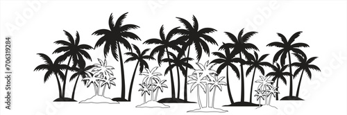 Black palm tree set vector illustration isolated on white background silhouette art black white stock illustration logo icon png. tropical  beach  landscape  pattern  paradise  coconut background