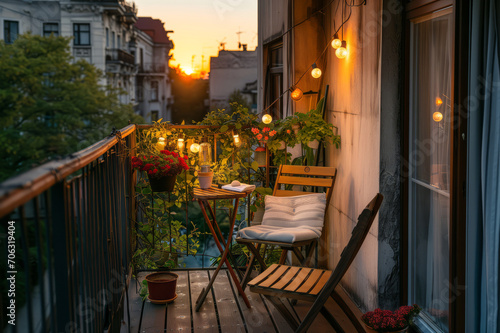 Cozy balcony or small terrace with simple folding furniture, blossoming plants in flower pots and light bulbs. Charming sunny evening in summer city.